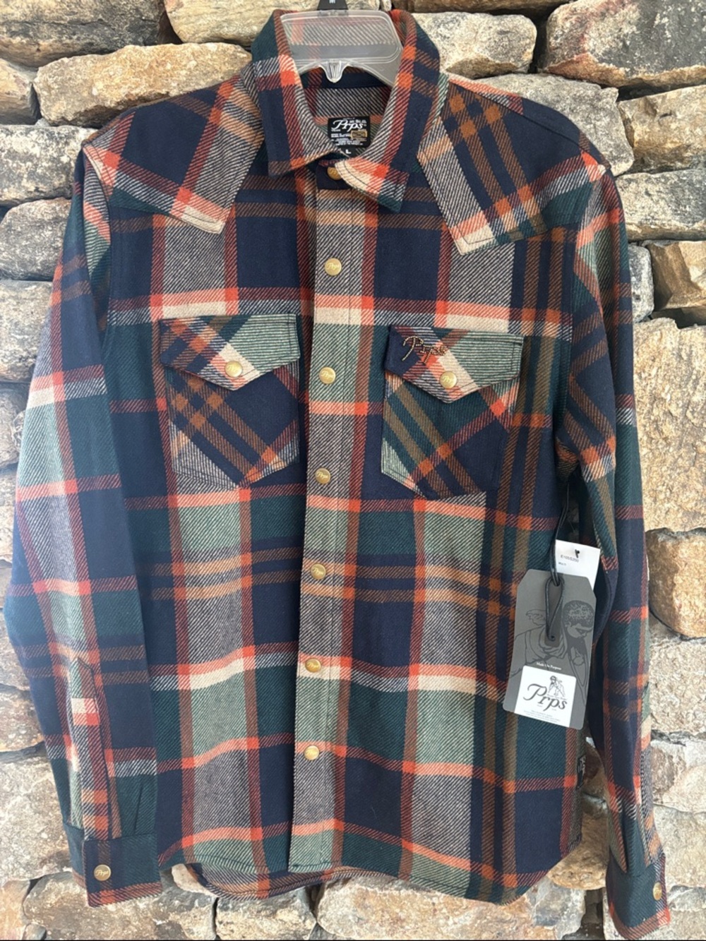 PRPS Navy, & Rust Plaid Snap Button Shirt Jacket L Wool blend. Runs small